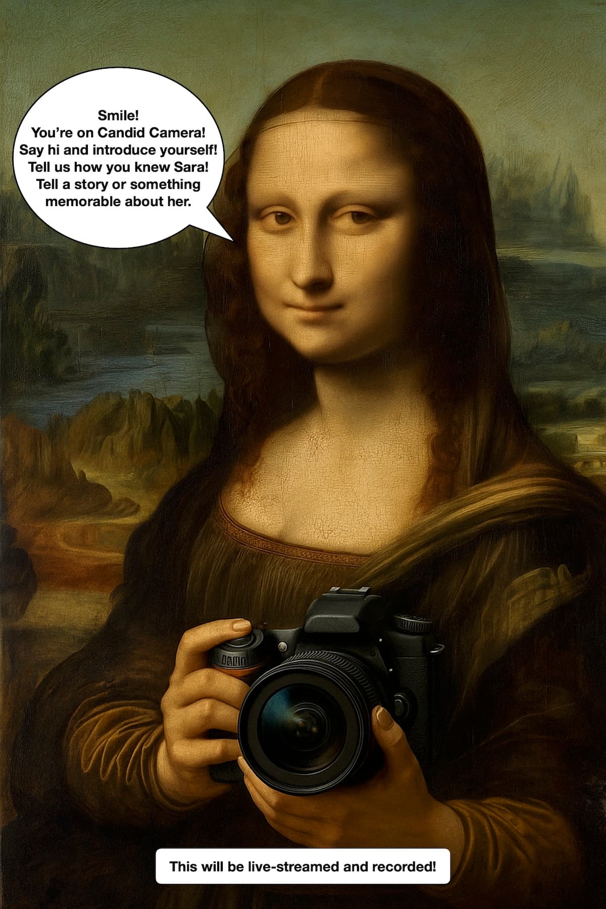 AI-generated Mona Lisa holding a DSLR camera, made for the livestream
